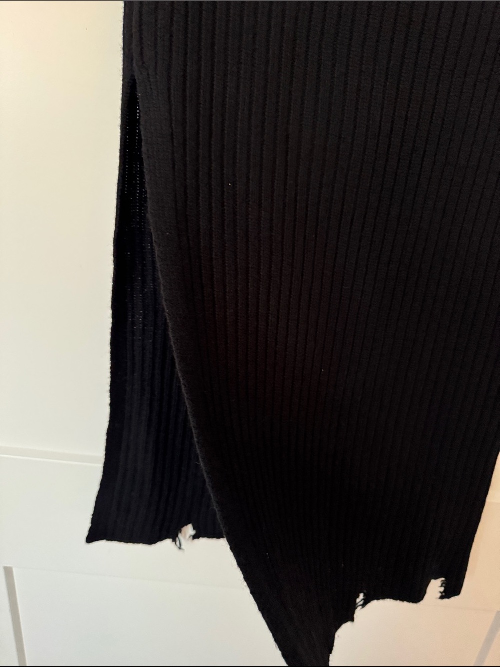 Weekday Black Ribbed Distressed Wool Knit Skirt with Side Slit - Picture 3 of 9